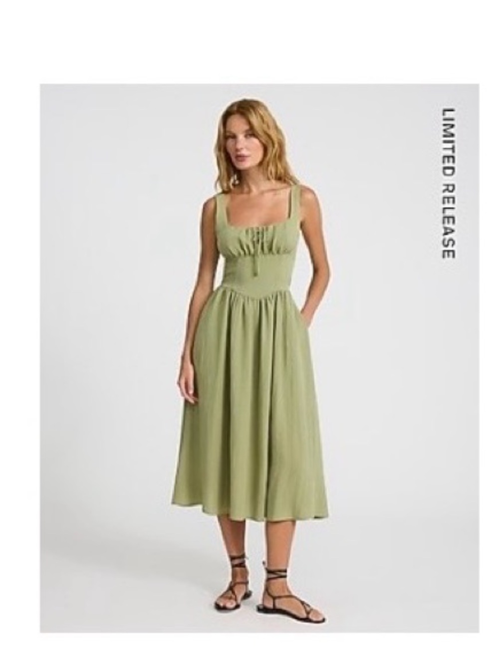 Express Green Scoop Neck Tie Front Drop Waist Midi Fit and Flare Dress - New